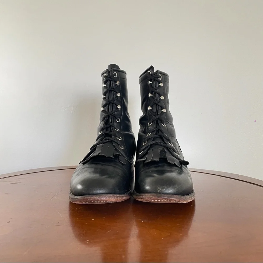 Justin Boots Black Leather Lace-Up Women’s Boots - Picture 2 of 8